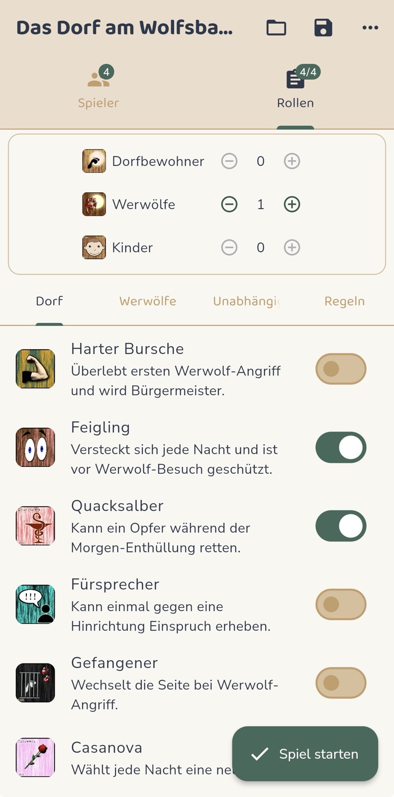 Rollenauswahl in der Werwolf-App